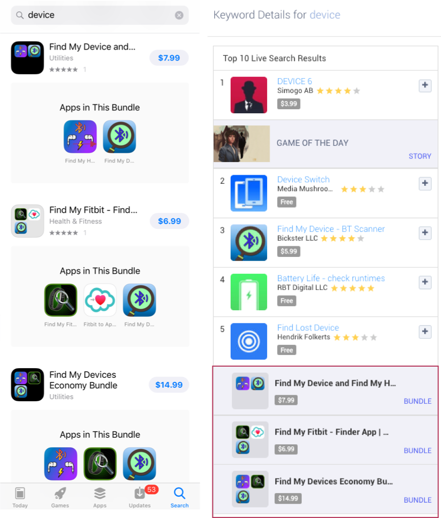 Example of 3 App Bundles in the Apple App Store search results on “device” and in Apptweak’s Live Search Results